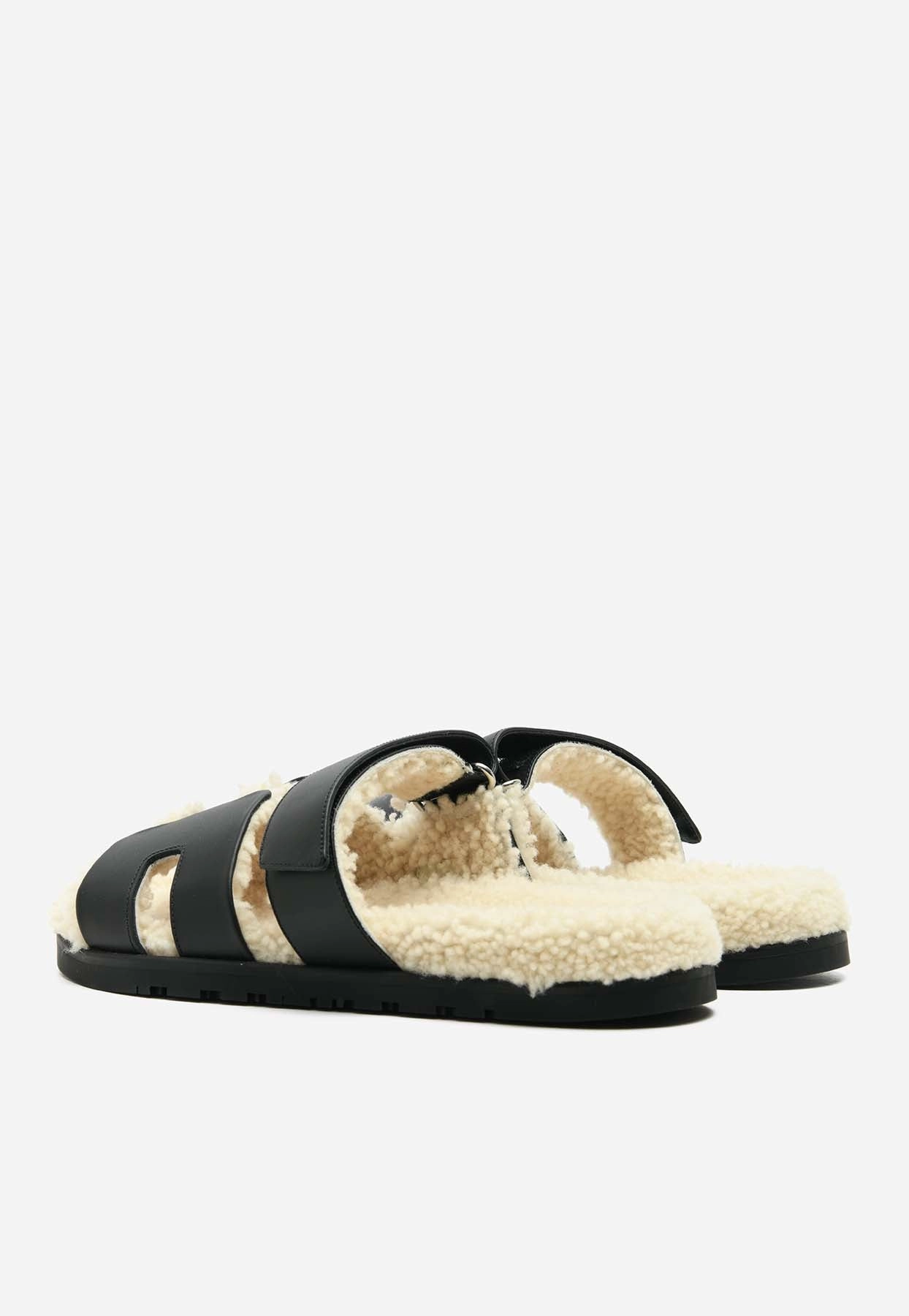 Denim Slippers Chypre Sandals in Black Calfskin and Ecru Shearling