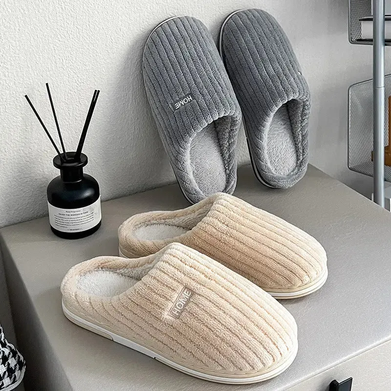 Solid Color Simple Cotton Slippers Winter Non-Slip Home Warm Plush Slippers Household Indoor Couple Women'S House Shoes Fluffy Open Toe Slippers