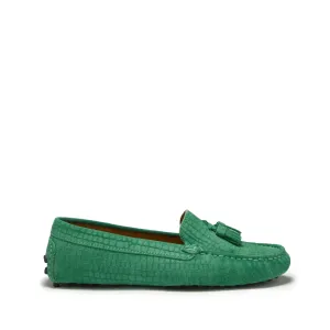 Tux With Loafers Women's Tasselled Driving Loafers, emerald embossed suede