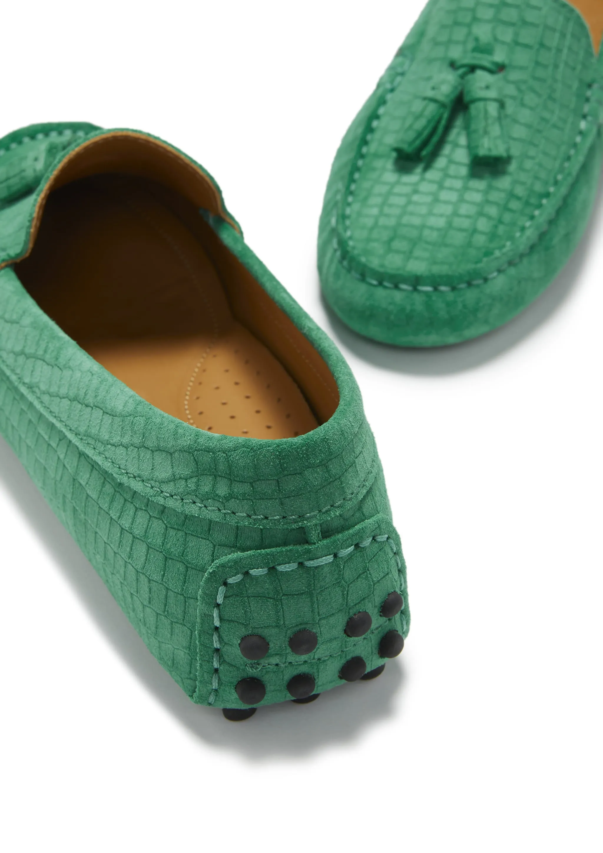 Women's Tasselled Driving Loafers, emerald embossed suede Italian Driving Loafers