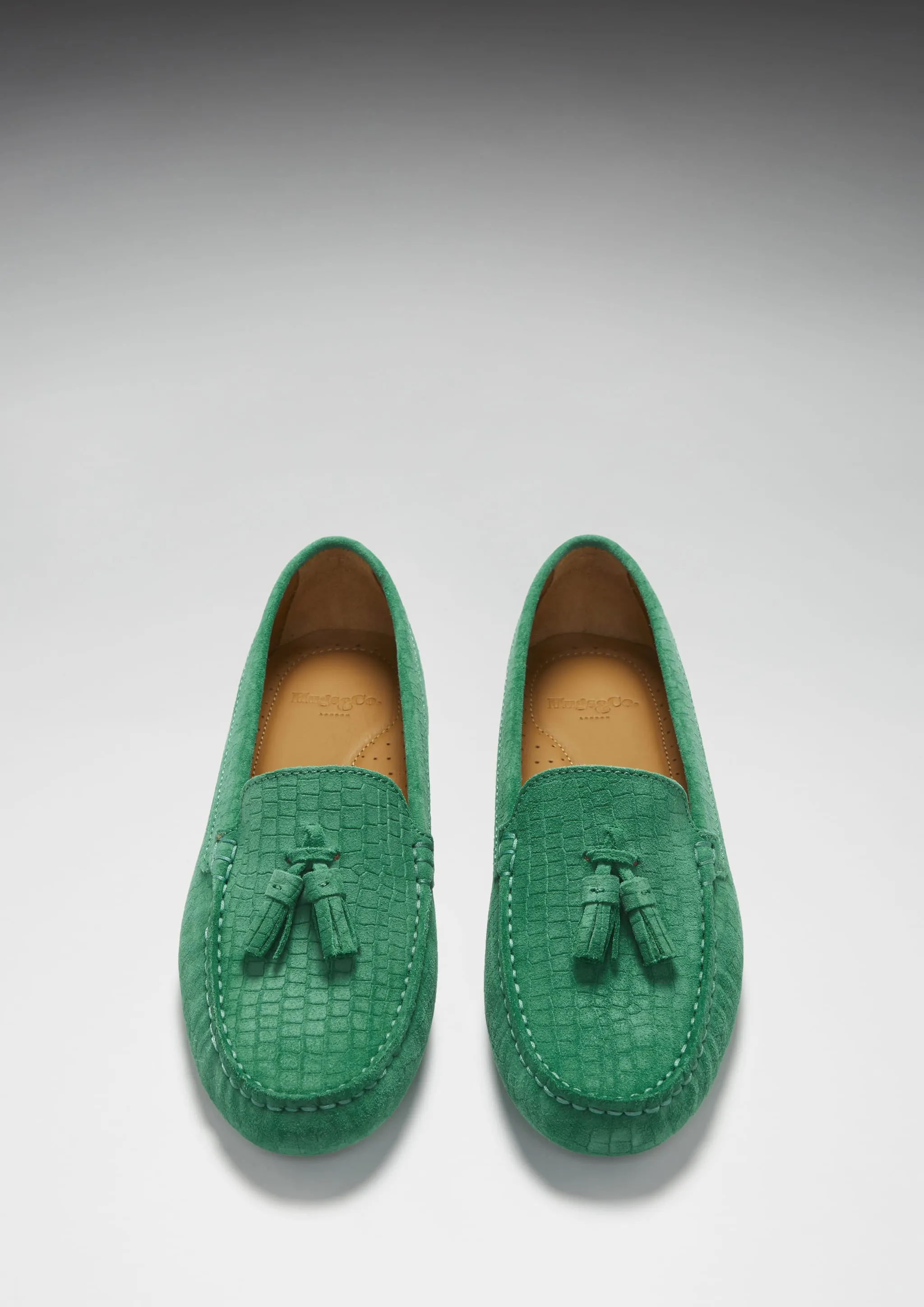 Women's Tasselled Driving Loafers, emerald embossed suede Pointed Loafers
