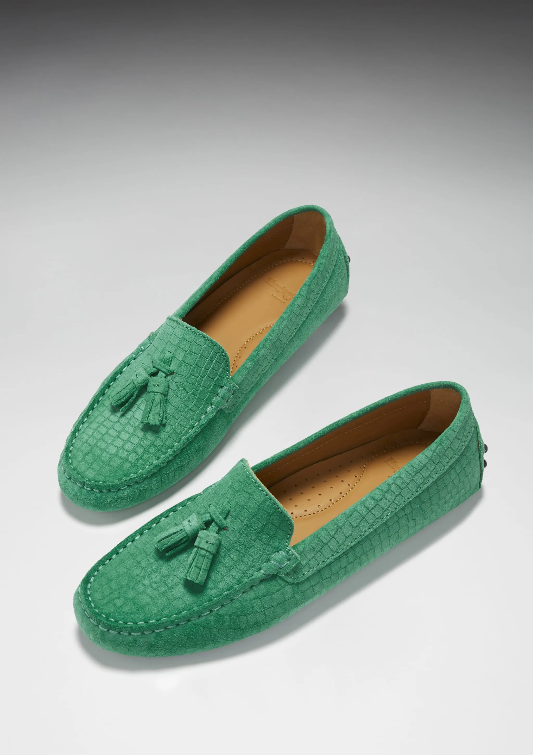 Lace Up Loafers Women's Tasselled Driving Loafers, emerald embossed suede