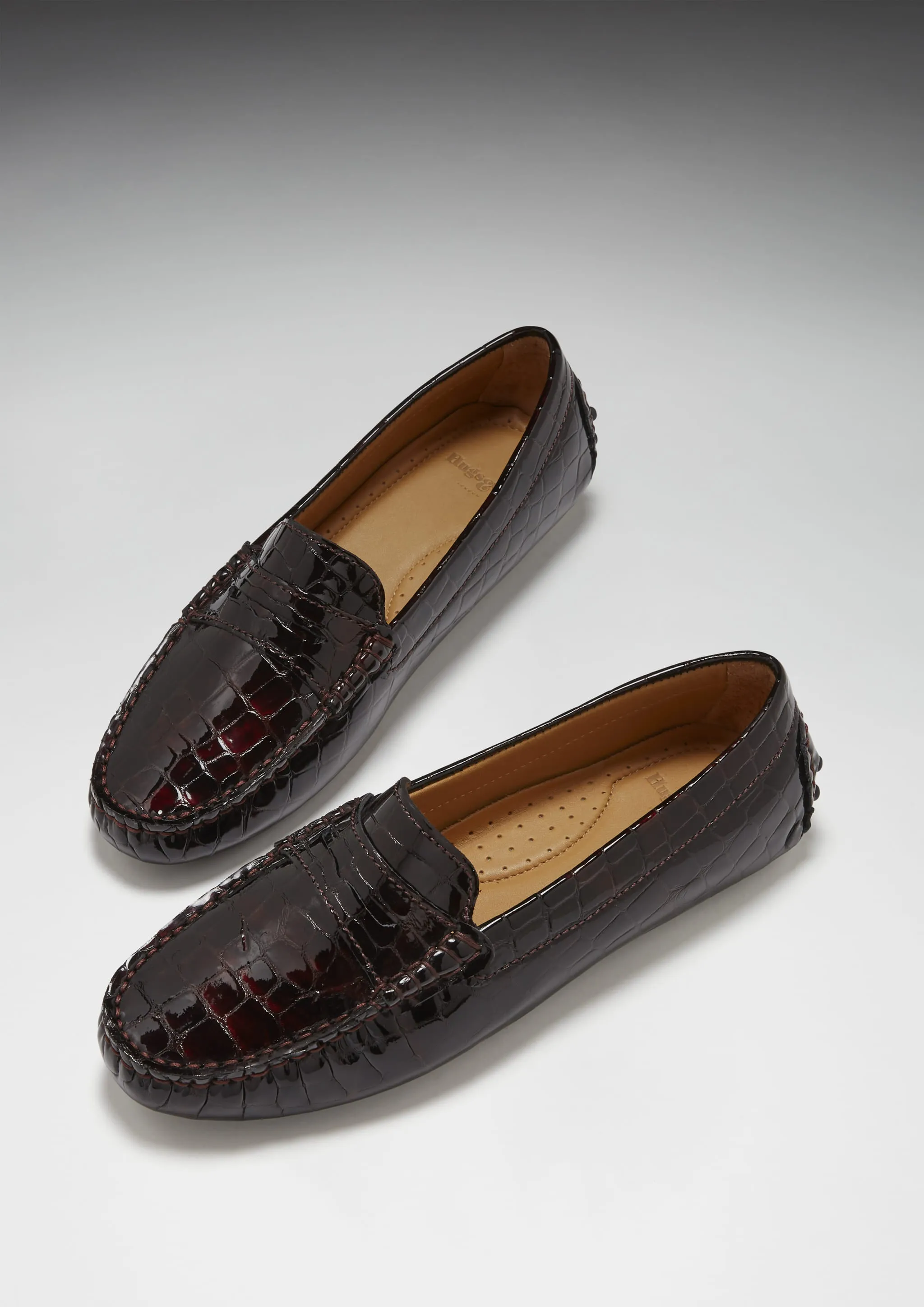 Paw Loafers Women's Penny Driving Loafers, brown croc print patent leather