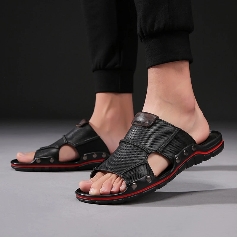 Fabric For Slippers SSX Men's Summer Genuine Leather Slipper Sandals