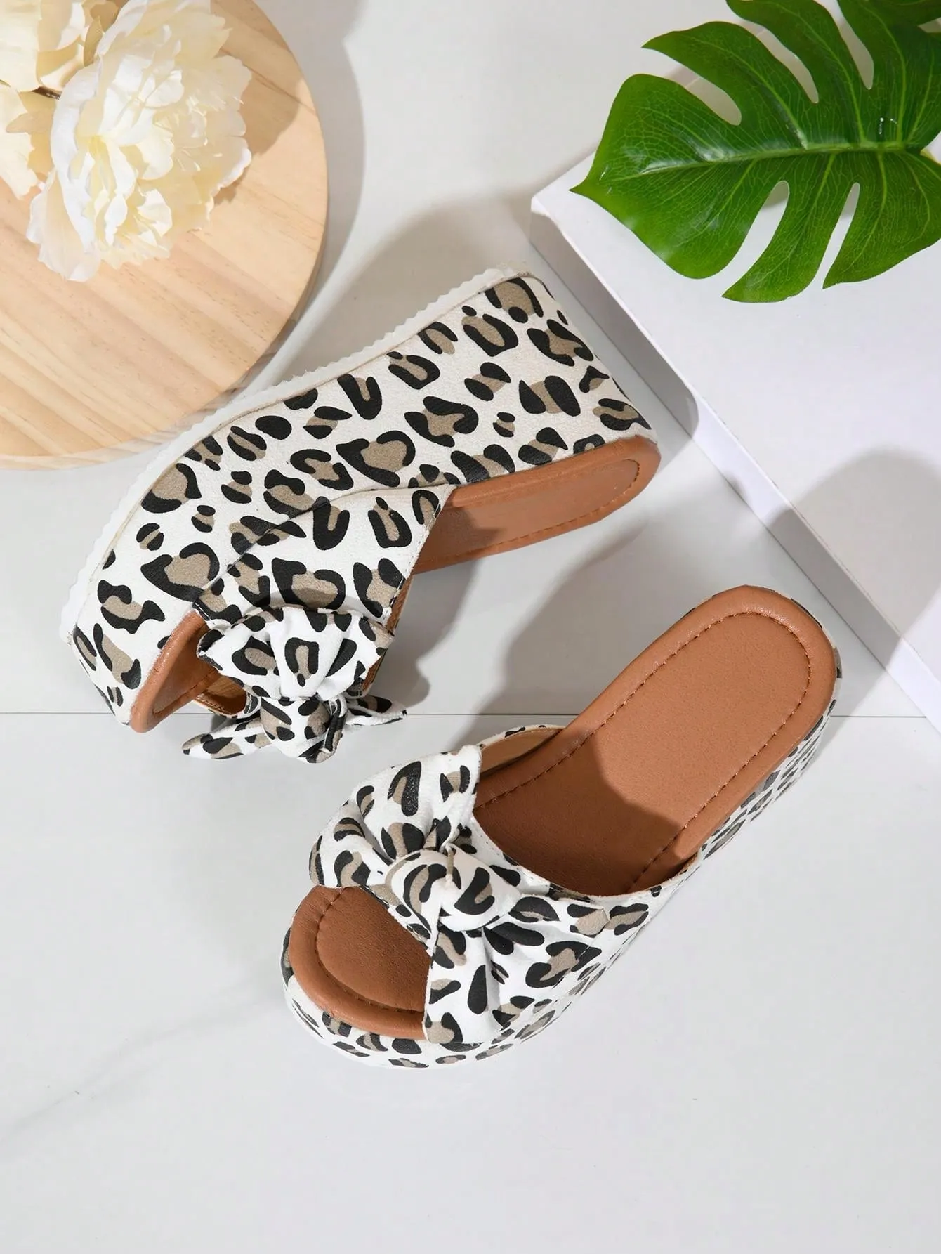 Sandals All Inclusive Jamaica 2024 Trendy White Leopard Bow Platform Wedge Sandals for Women