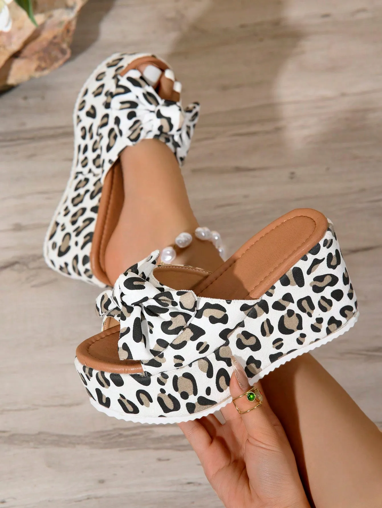 Rockstud Slip In Sandals 2024 Trendy White Leopard Bow Platform Wedge Sandals for Women