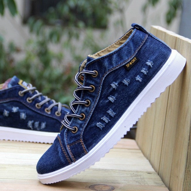 British Style Fashion Vintage Denim Jean Canvas Shoes Men High-top Casual Man Ankle Boots Flat Shoes Usual School Boy Footwear Flat Footed Gym Shoes