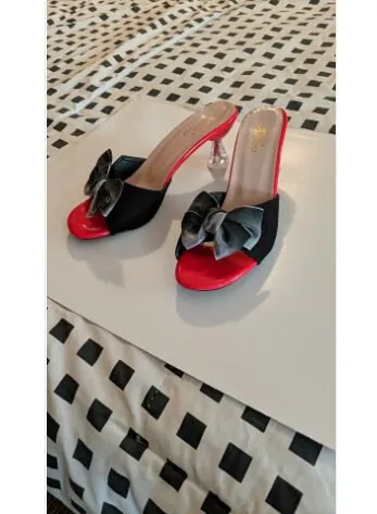 Comfortable Slippers With Support Spanish Black Rhinestone Bow, Red Tie Heel Open Toe Shoes Designer Square Women's Shoes