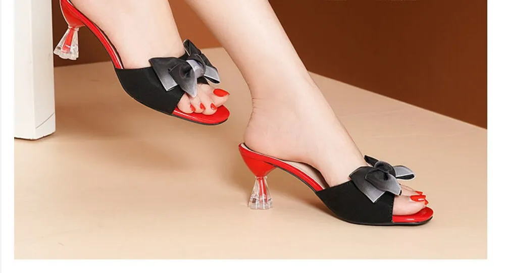 Target Shower Slippers Spanish Black Rhinestone Bow, Red Tie Heel Open Toe Shoes Designer Square Women's Shoes