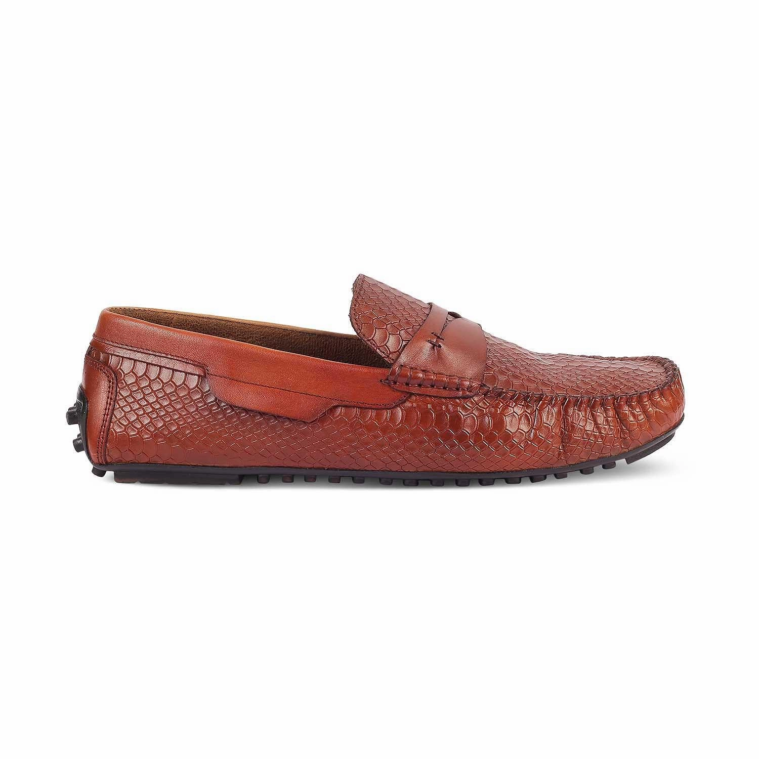 The Argon Tan Men's Leather Driving Loafers Tresmode Brushed Leather Monolith Loafers