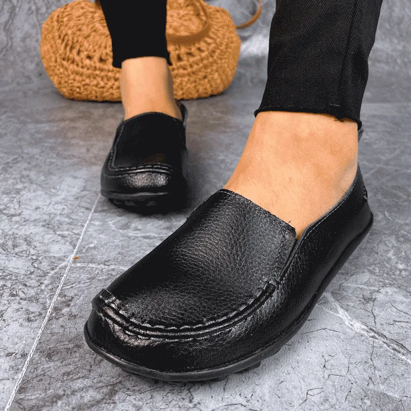 Leather Loafers With Buckle Vanccy Women Flats Ballet Leather Breathable Casual Shoes