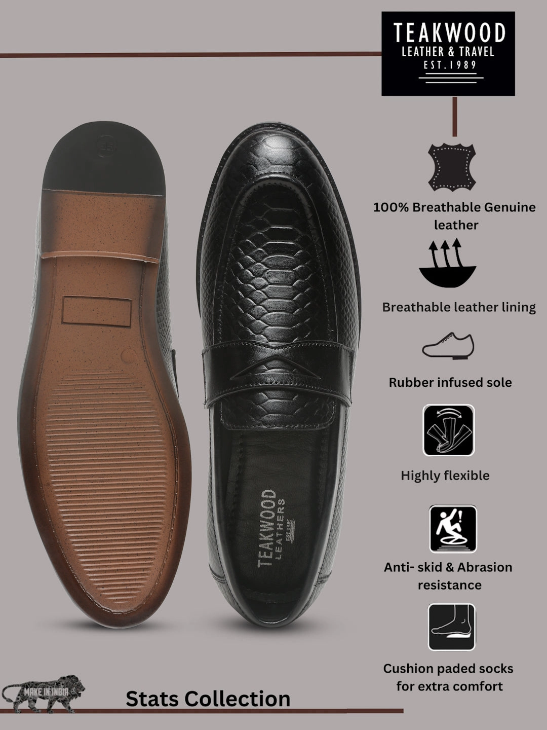 Men's Black Classy Patterned Texture Leather Loafers Wynn Casual Shoes