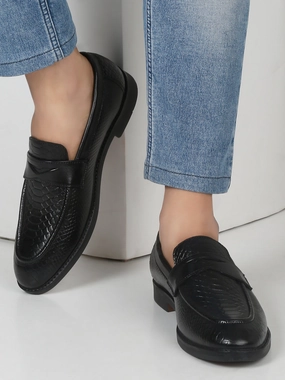 Men's Black Classy Patterned Texture Leather Loafers Work Casual Shoes