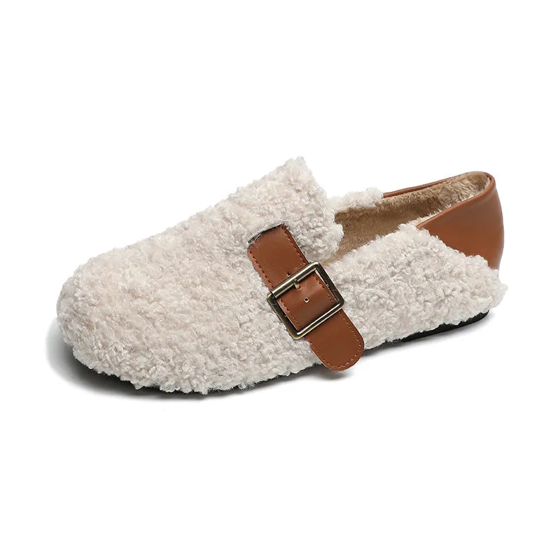 Women Faux-Fur Loafers Warm Winter Fleece Flat Metal Buckles Casual Shoes Crochet Slippers Free Patterns