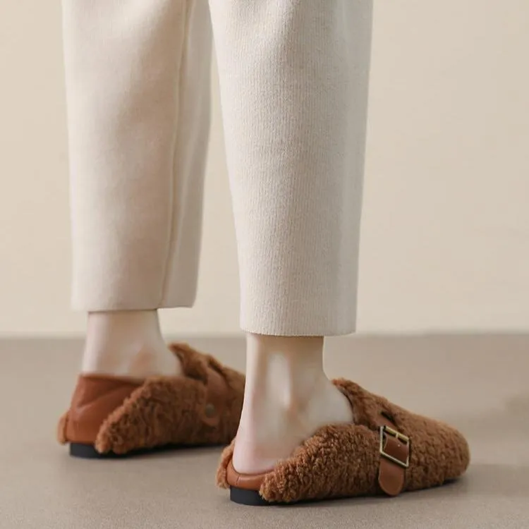 Women Faux-Fur Loafers Warm Winter Fleece Flat Metal Buckles Casual Shoes Crochet Slippers Granny Square