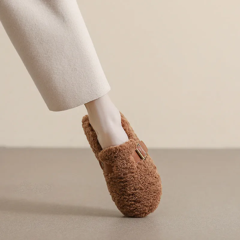 Slides Fur Women Faux-Fur Loafers Warm Winter Fleece Flat Metal Buckles Casual Shoes