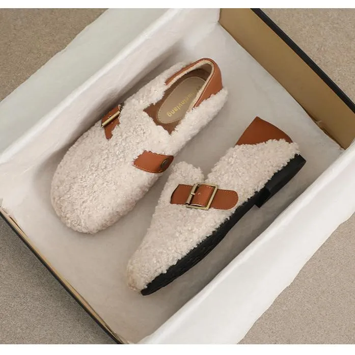 Women Faux-Fur Loafers Warm Winter Fleece Flat Metal Buckles Casual Shoes Piglet Slippers
