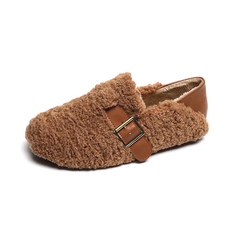 Women Faux-Fur Loafers Warm Winter Fleece Flat Metal Buckles Casual Shoes Best Slippers