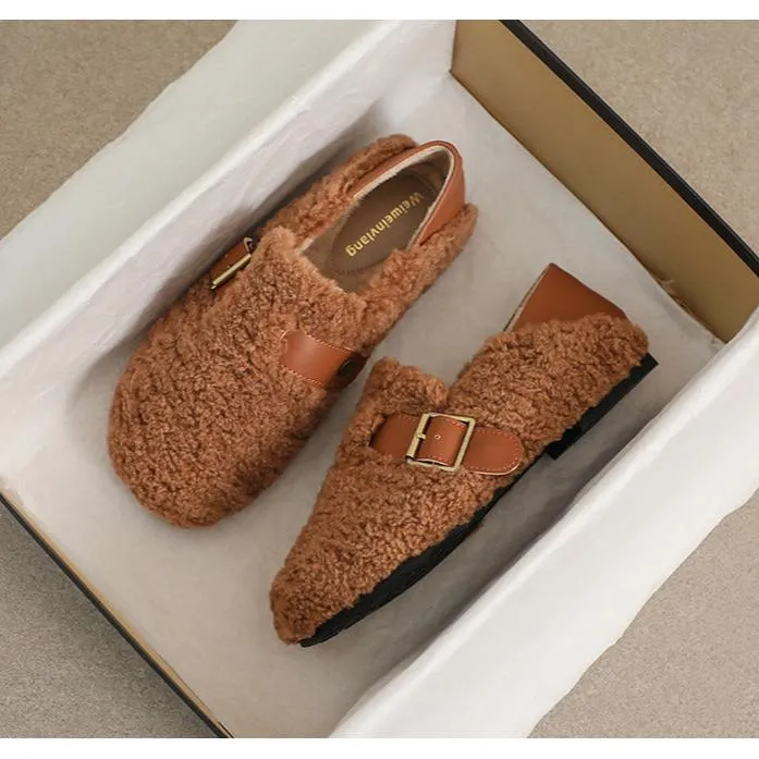 Women Faux-Fur Loafers Warm Winter Fleece Flat Metal Buckles Casual Shoes Red Slippers