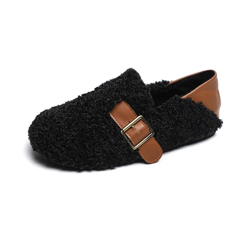 Genie Slippers Women Faux-Fur Loafers Warm Winter Fleece Flat Metal Buckles Casual Shoes