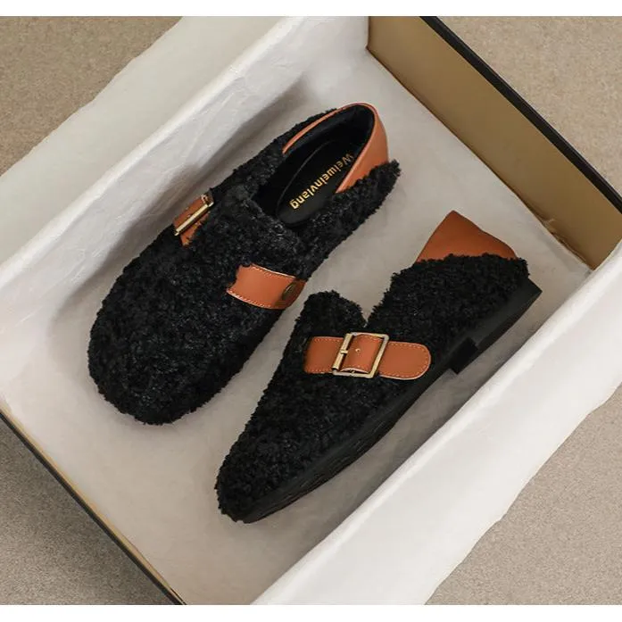 Women Faux-Fur Loafers Warm Winter Fleece Flat Metal Buckles Casual Shoes Designer Slides Sale