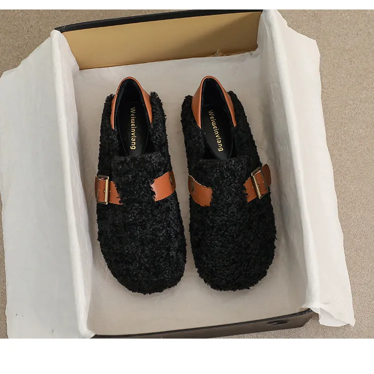 Traditional Japanese House Slippers Women Faux-Fur Loafers Warm Winter Fleece Flat Metal Buckles Casual Shoes