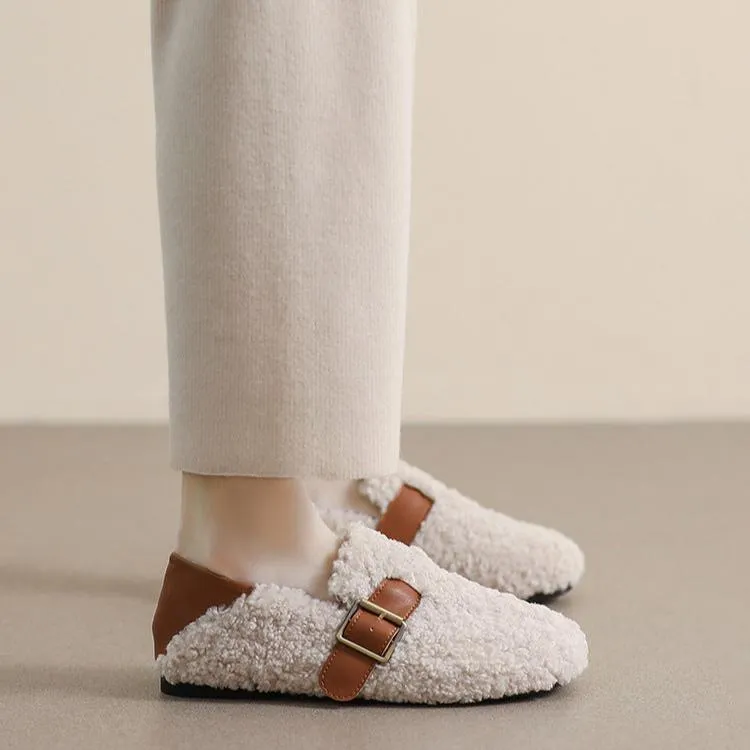 Women Faux-Fur Loafers Warm Winter Fleece Flat Metal Buckles Casual Shoes Kizik Slippers