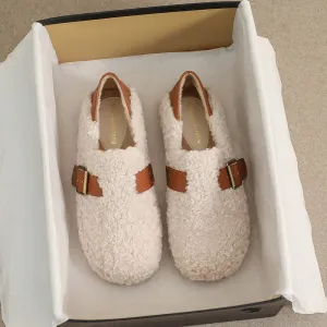 Women Faux-Fur Loafers Warm Winter Fleece Flat Metal Buckles Casual Shoes Sandals Slippers