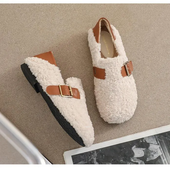 See Kai Run Slippers Women Faux-Fur Loafers Warm Winter Fleece Flat Metal Buckles Casual Shoes