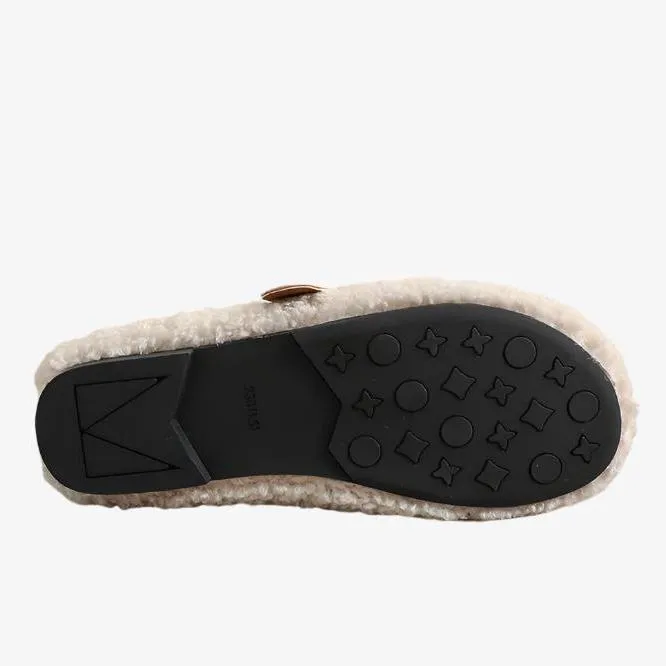 Clip Art Slippers Women Faux-Fur Loafers Warm Winter Fleece Flat Metal Buckles Casual Shoes