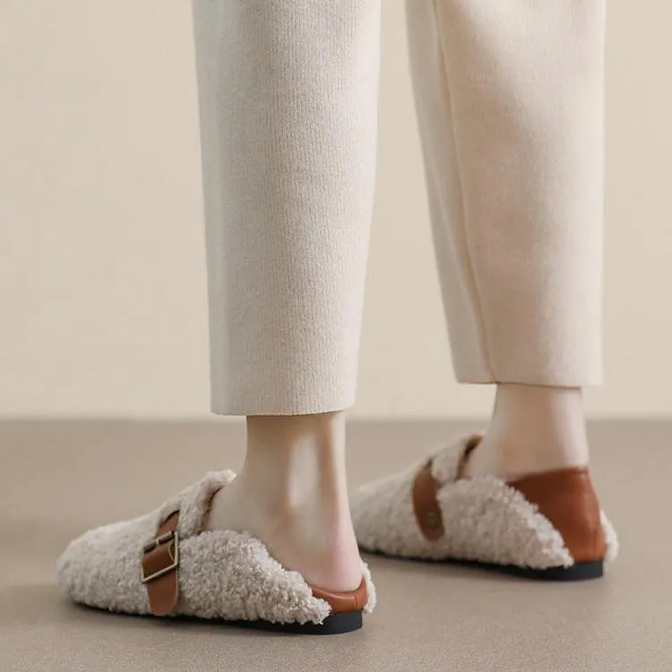 Designer Slides On Sale Women Faux-Fur Loafers Warm Winter Fleece Flat Metal Buckles Casual Shoes