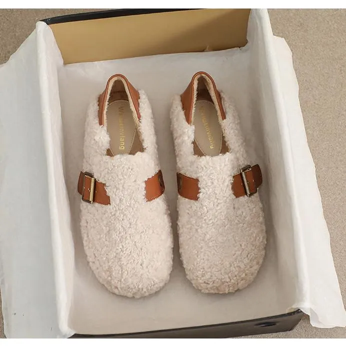The Most Comfortable Slippers Women Faux-Fur Loafers Warm Winter Fleece Flat Metal Buckles Casual Shoes