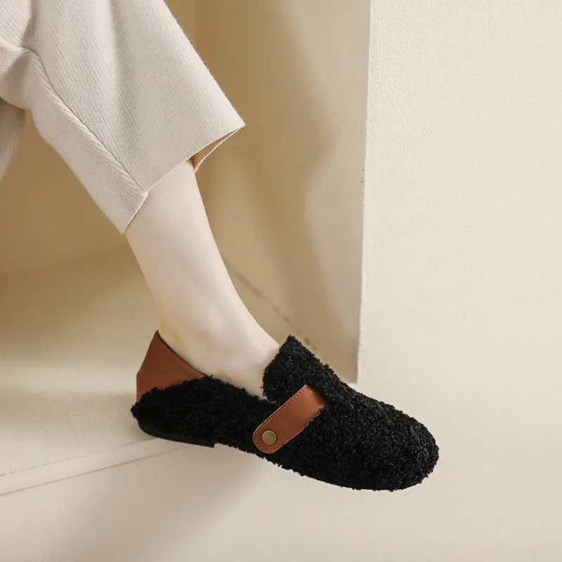 Women Faux-Fur Loafers Warm Winter Fleece Flat Metal Buckles Casual Shoes Cute Home Slippers