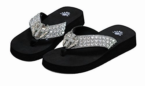 Women Flip Flop Flat Western Cross Wing Slipper Bling Rhinestone Sandals (S) Black Rainbow Glitter Flip Flops