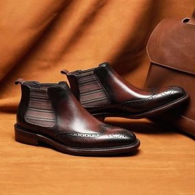 Side Cut Out Flat Shoes Men's Winter Boots Genuine Cow Leather Chelsea Boots Brogue Ankle Flat Shoes