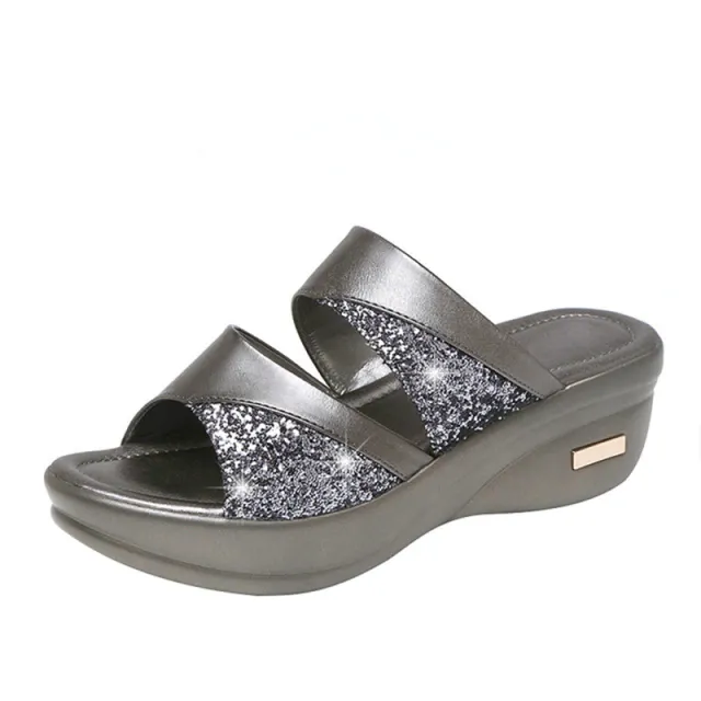 Big Buckle Slide Sandal Womens glitter PU wedges sandals iciCosmetic