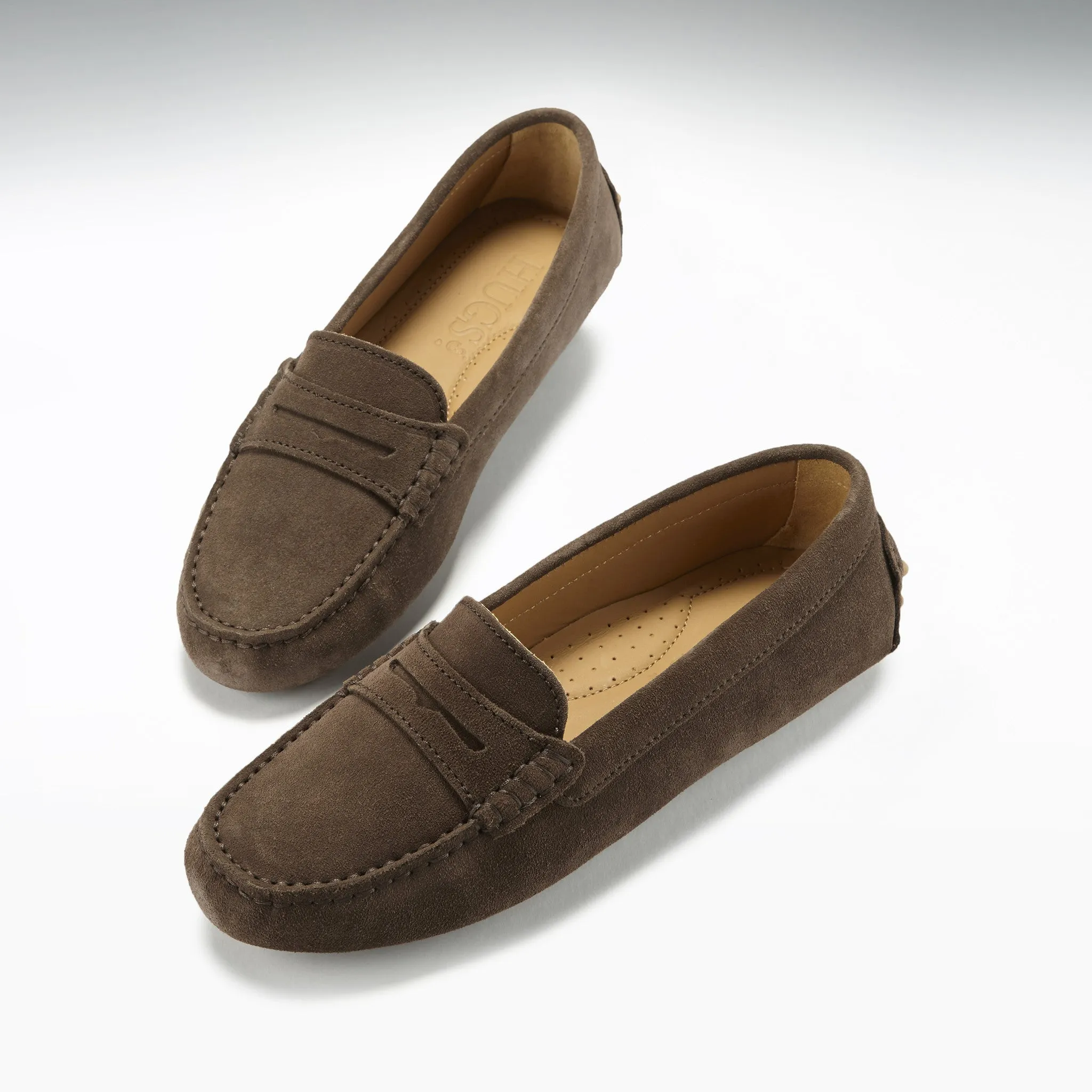 Women's Penny Driving Loafers, brown suede Ladies Lace Up Loafers