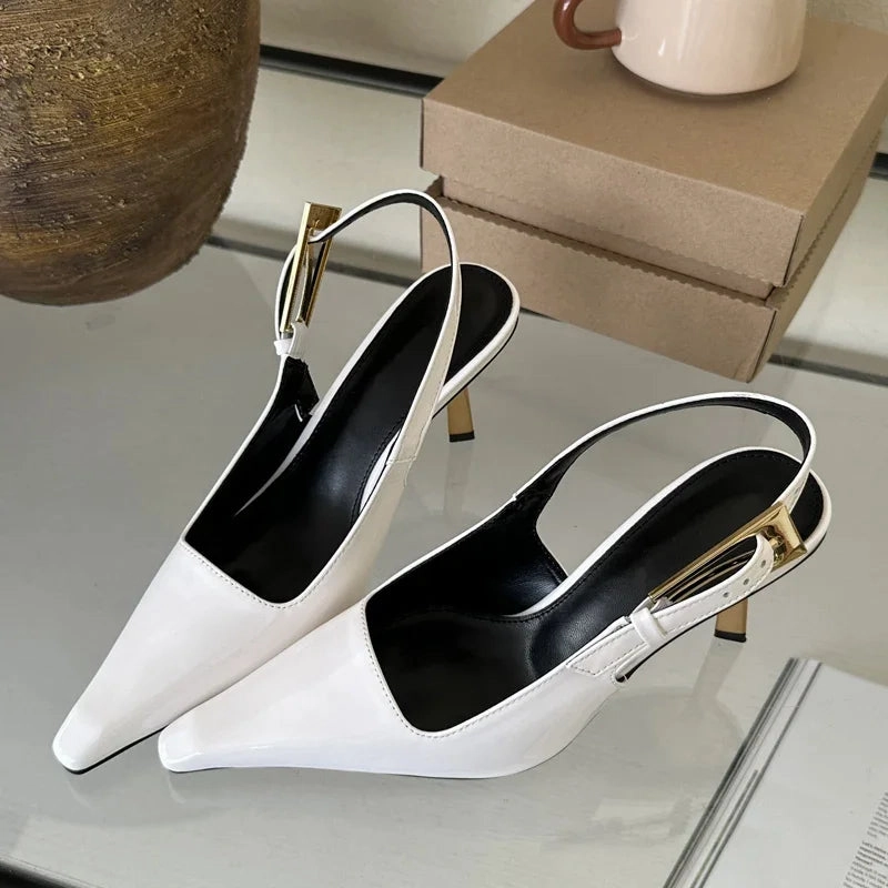 Street Style Pointed Toe Metal Buckle Strap Pumps Sandals Sandals With Rhinestones