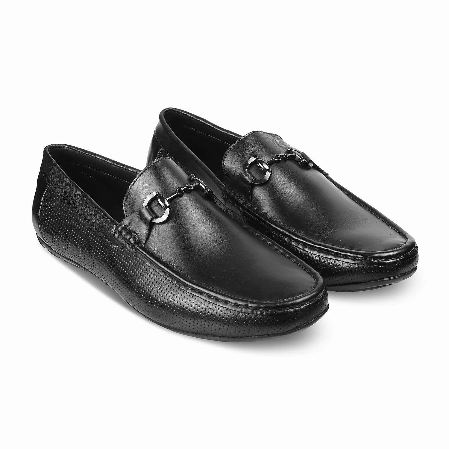 The Otterdam Black Men's Leather Driving Loafers Loafers Snake Print