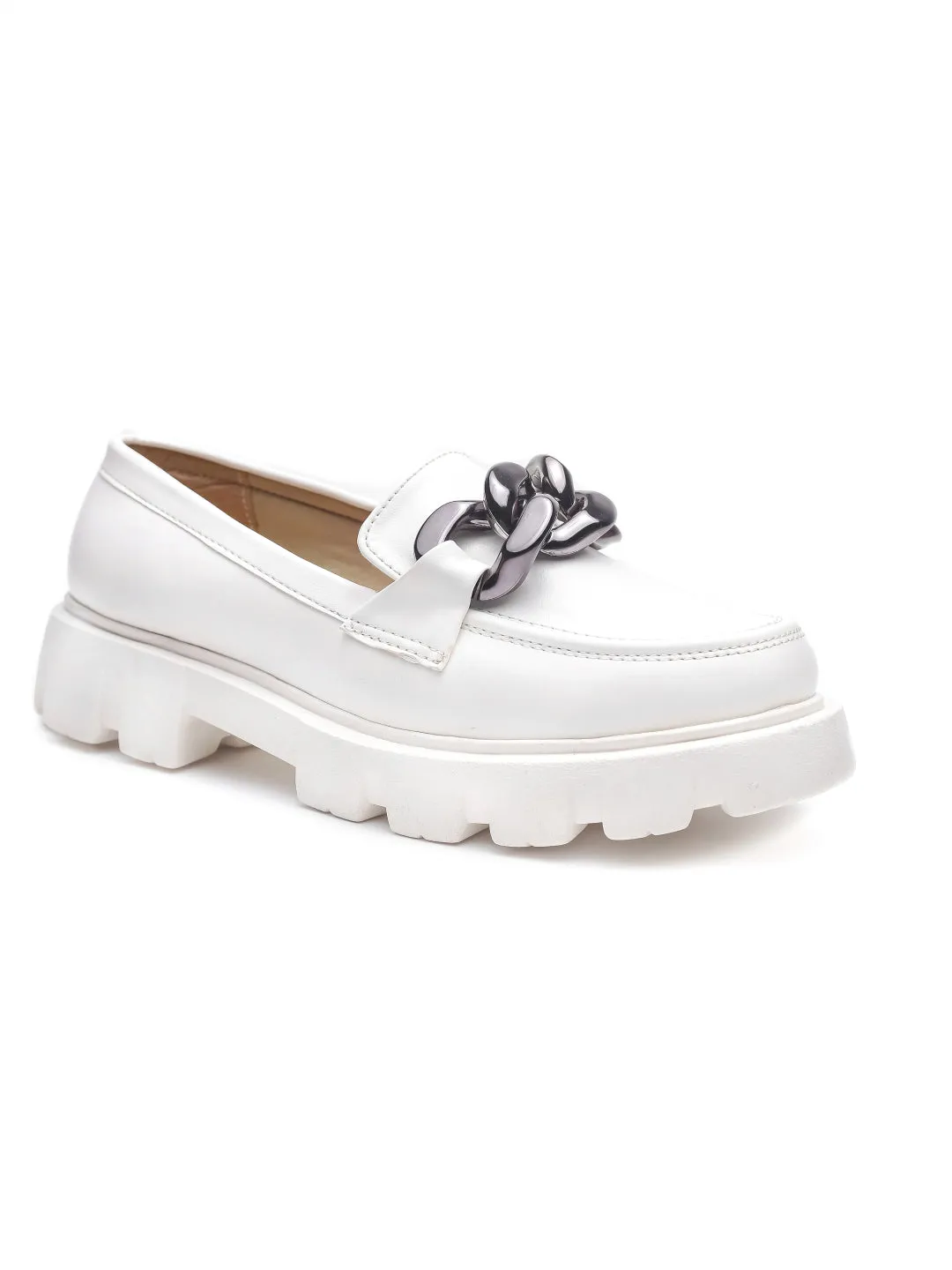 Loafers Shoes Leather Brauch White Solid Embellished Loafer Shoe