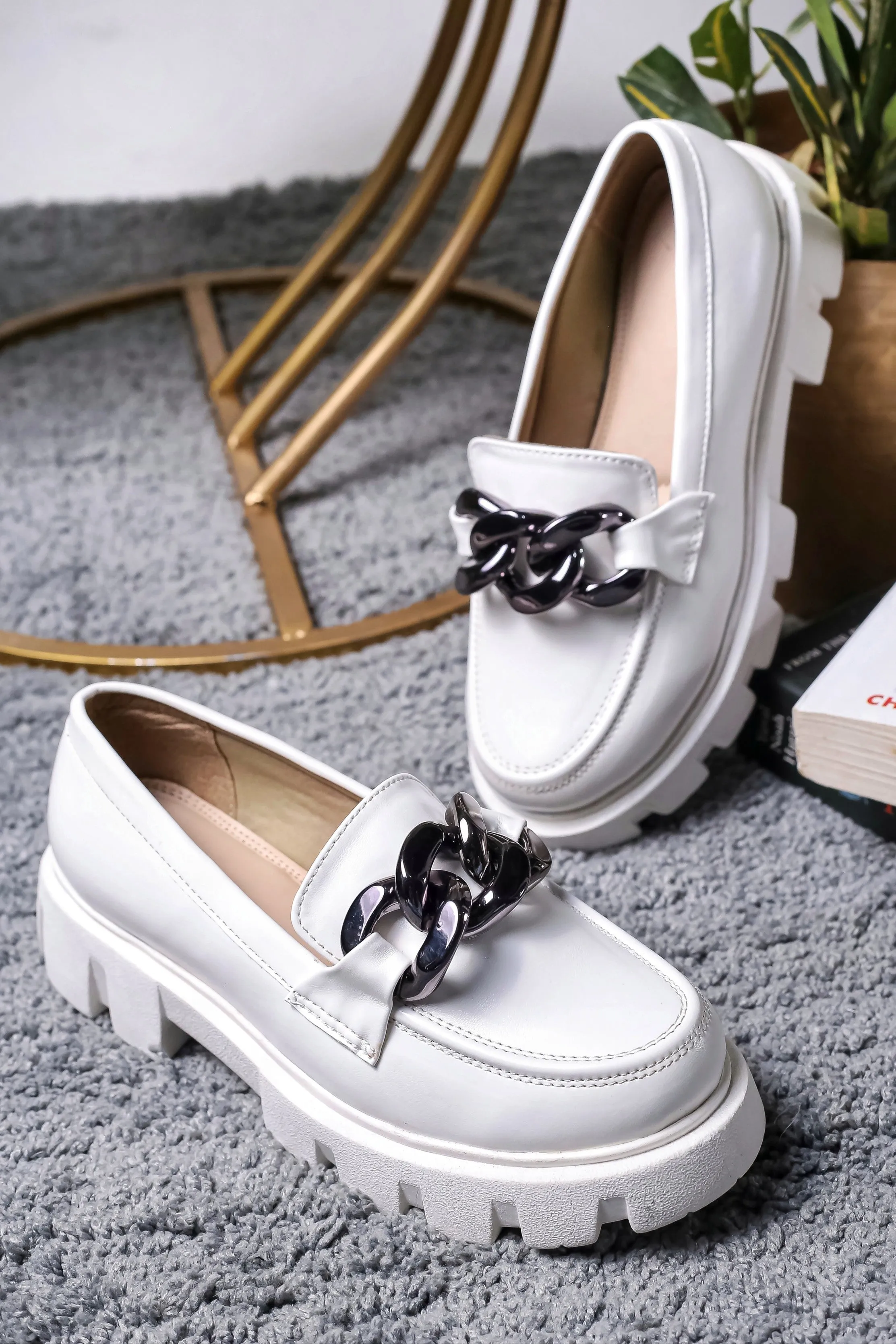 Chunky Loafers With Heels Brauch White Solid Embellished Loafer Shoe