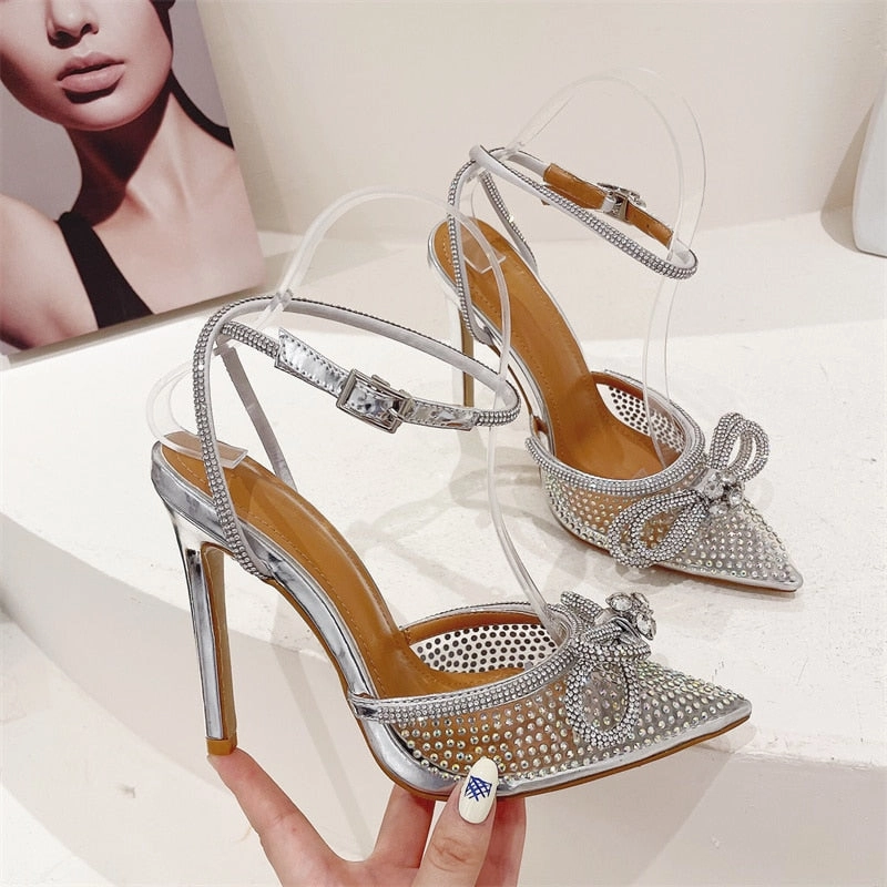 Transparent PVC Rhinestone Pumps Silver Pointed Toe Bowknot Sandals High Heels Crystal Shoes Comfortable Sandals Stylish
