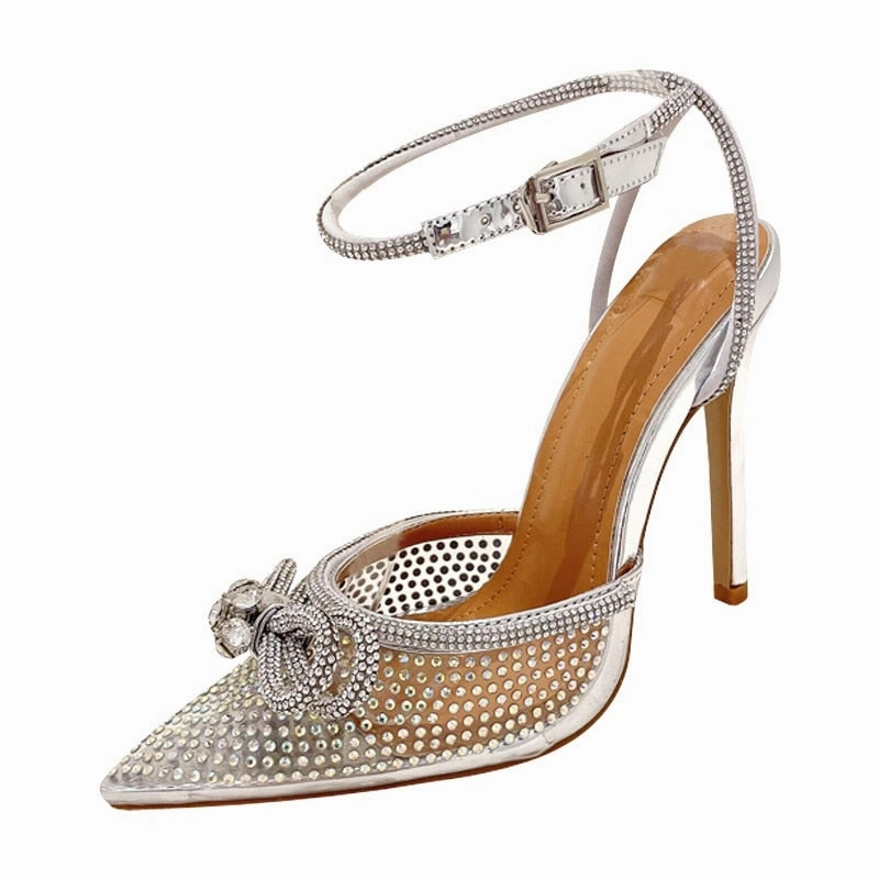 Transparent PVC Rhinestone Pumps Silver Pointed Toe Bowknot Sandals High Heels Crystal Shoes Target Sandals
