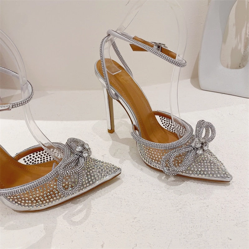Kenneth Cole Reaction Sandals Transparent PVC Rhinestone Pumps Silver Pointed Toe Bowknot Sandals High Heels Crystal Shoes