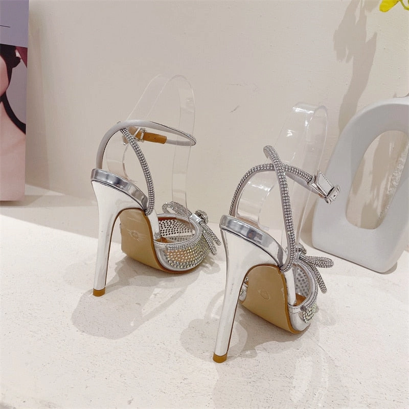 Summer Heeled Sandals Transparent PVC Rhinestone Pumps Silver Pointed Toe Bowknot Sandals High Heels Crystal Shoes