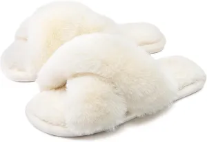 Slippers With Design Womens Cross Band Slippers Cozy Furry Fuzzy House Slippers Open Toe Fluffy Indoor Shoes Outdoor Slip on Warm Breathable Anti-Skid Sole