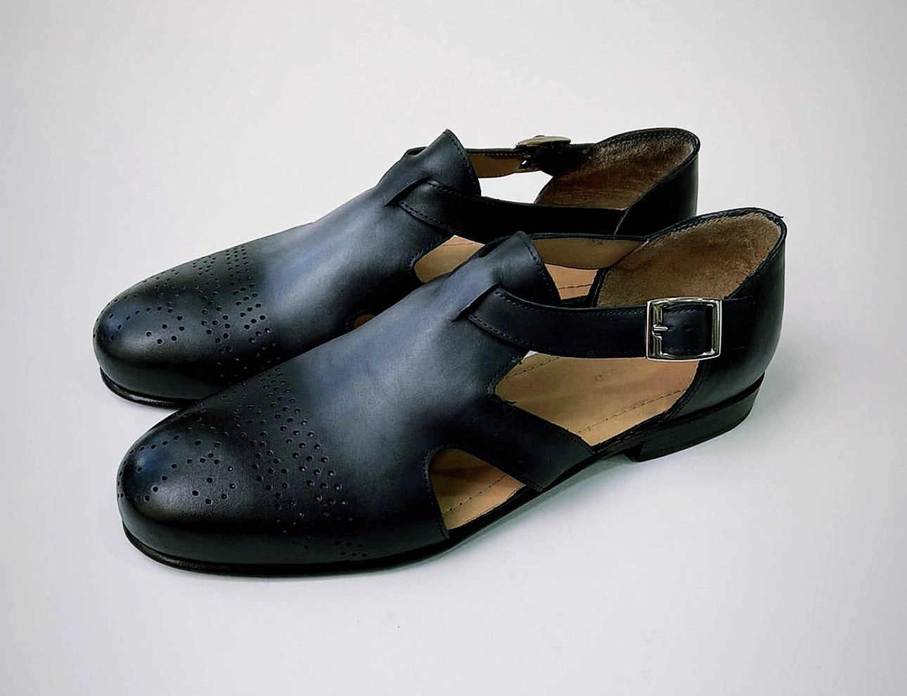 Extra Wide With Sandals Tucci Di Lusso Mens Gray-Black Handcrafted Italian all Leather Luxury Dress Single Buckle Brogue Sandals
