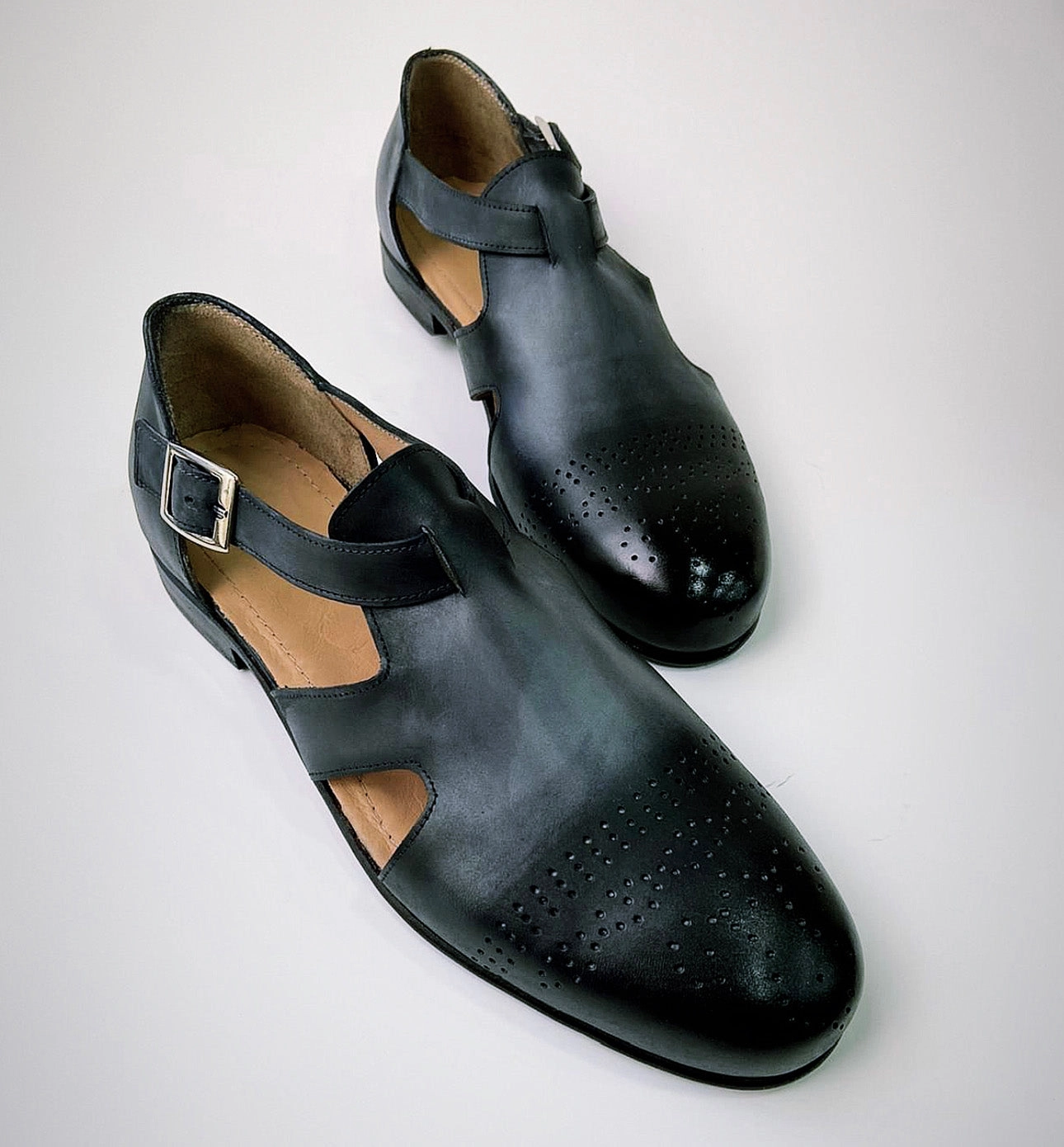 Tucci Di Lusso Mens Gray-Black Handcrafted Italian all Leather Luxury Dress Single Buckle Brogue Sandals 90s Jelly Sandals