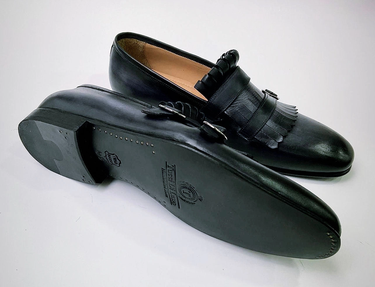 Tucci Di Lusso Mens Gray-Black handmade Italian leather luxury Double Buckle Monkstrap Kiltie Loafers Saude Loafers