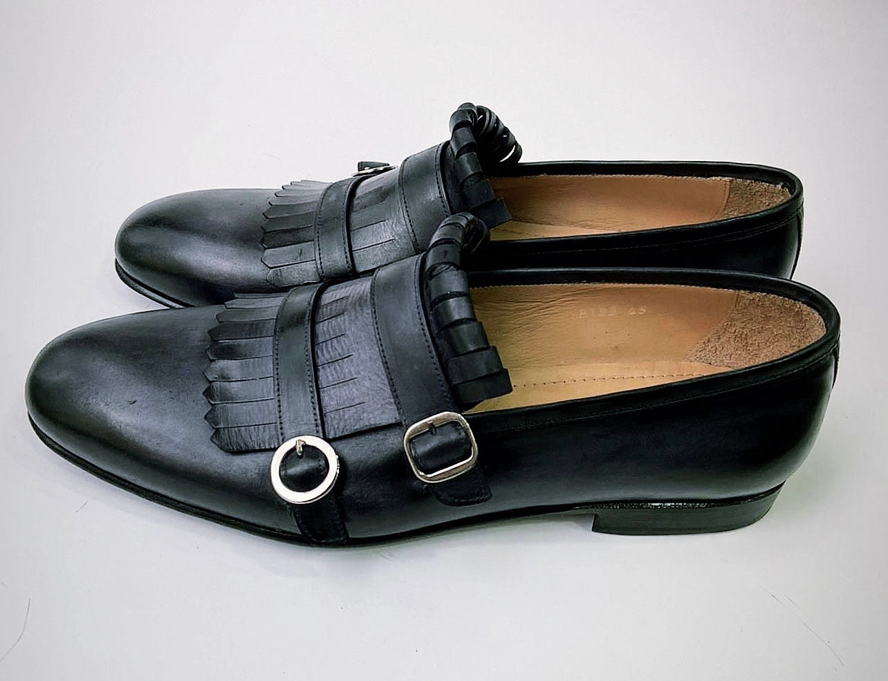 Tucci Di Lusso Mens Gray-Black handmade Italian leather luxury Double Buckle Monkstrap Kiltie Loafers Saint Laurent Loafers